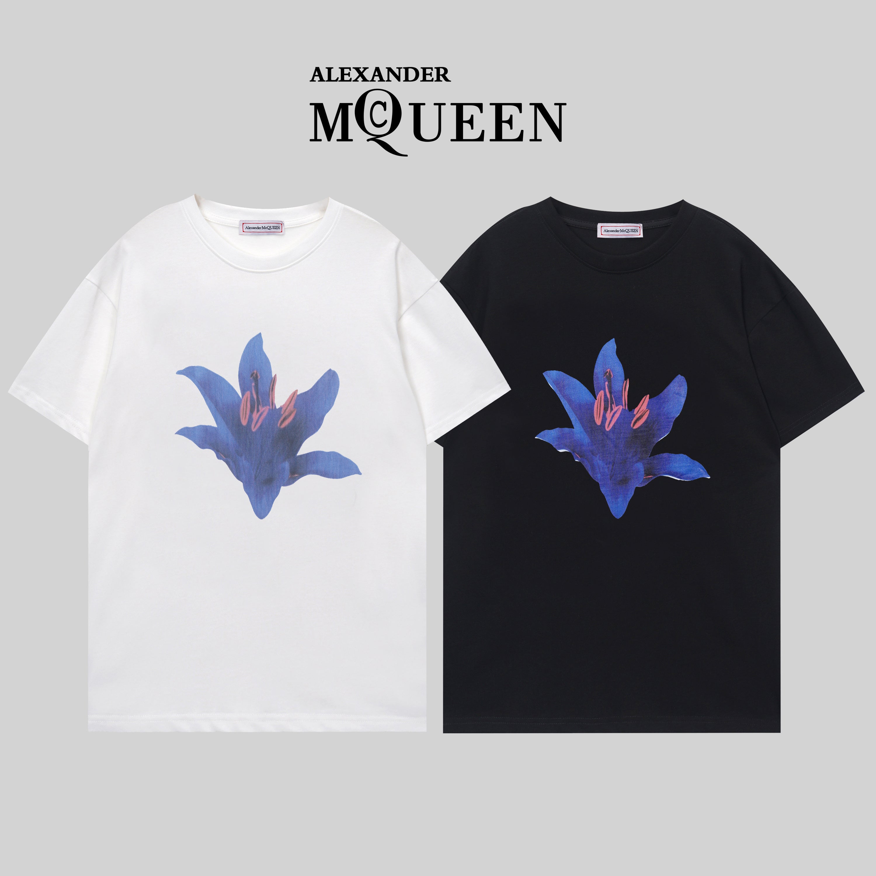 Alexander McQueen cotton T-shirts, white and black, blue flower graphic front