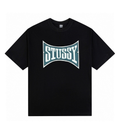 Black T-shirt with large STUSSY logo graphic on chest