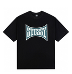 Black T-shirt with large STUSSY logo graphic on chest