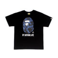 Black crewneck T-shirt with blue camo ape graphic and BY BATHING APE logo