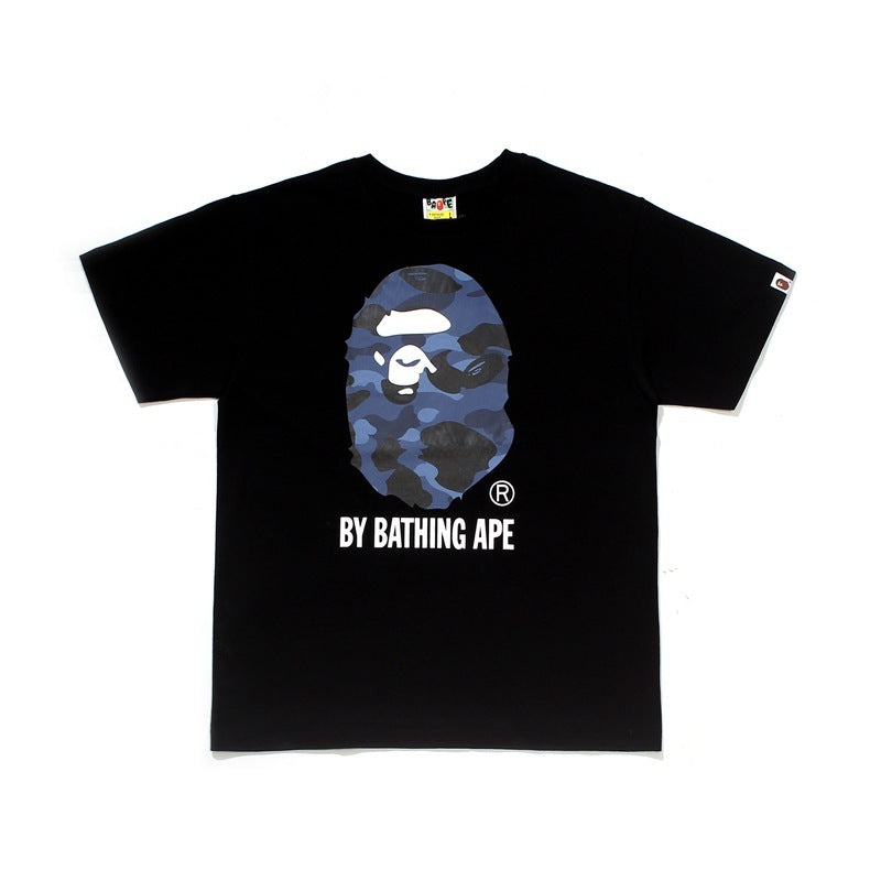 Black crewneck T-shirt with blue camo ape graphic and BY BATHING APE logo