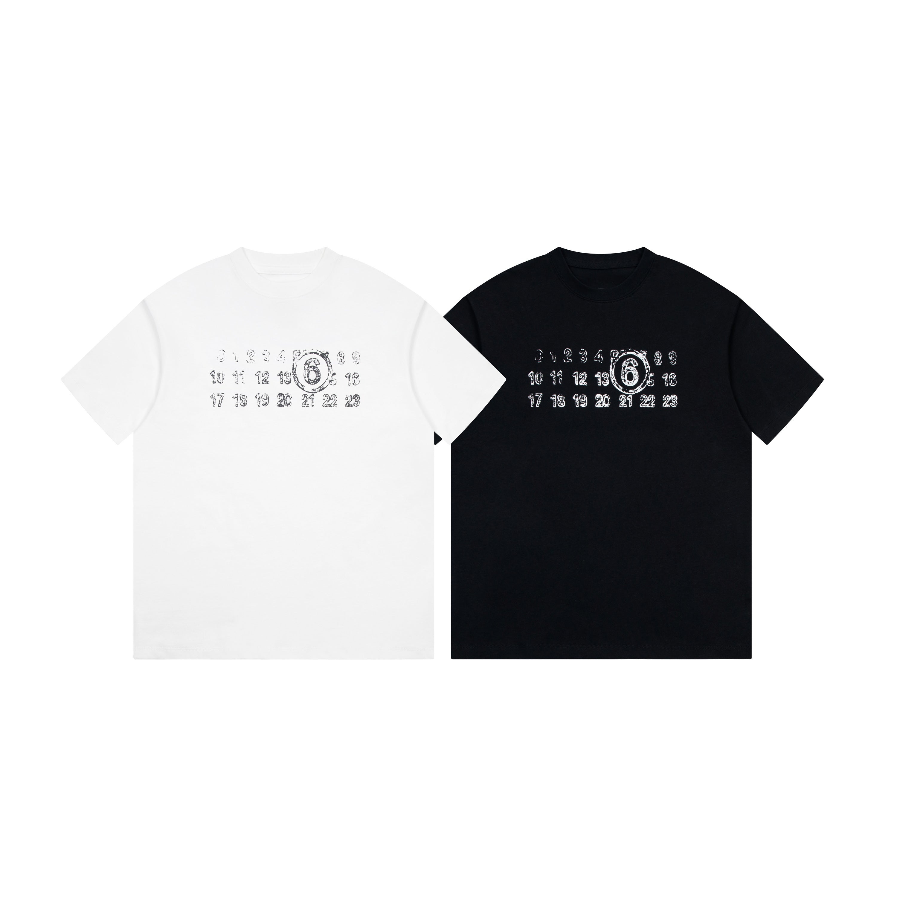 Crewneck T-shirt pair: white and black, each with white number graphic