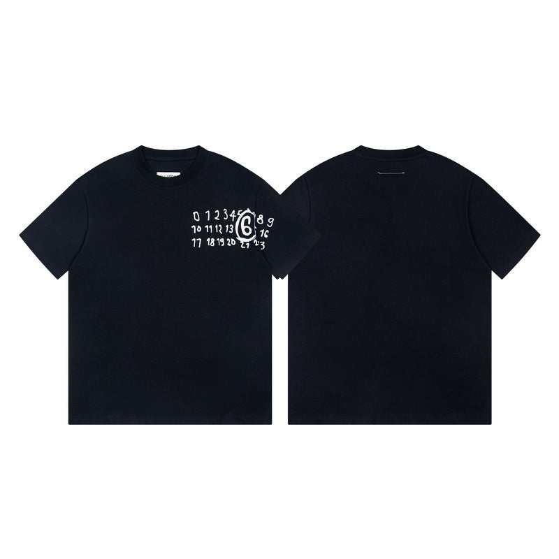 Black crew-neck T-shirt front and back with white number graphic