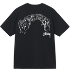 Black T-shirt with poker-card graphic and Stussy logo on chest