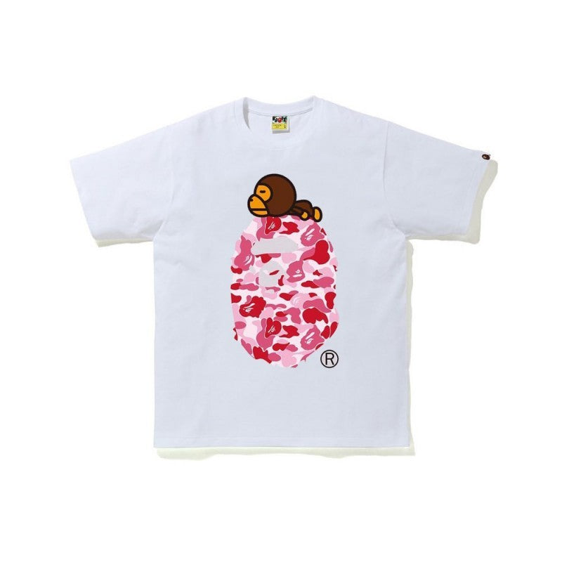Bape white crewneck T-shirt with colorful ape logo and pink camouflage graphic
