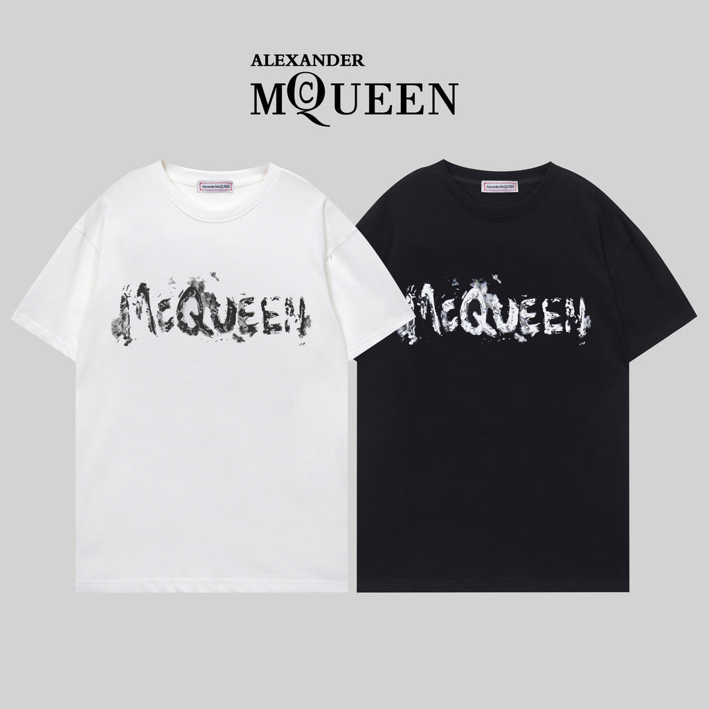 Crewneck T-shirts in white and black with distressed McQUEEN graphic
