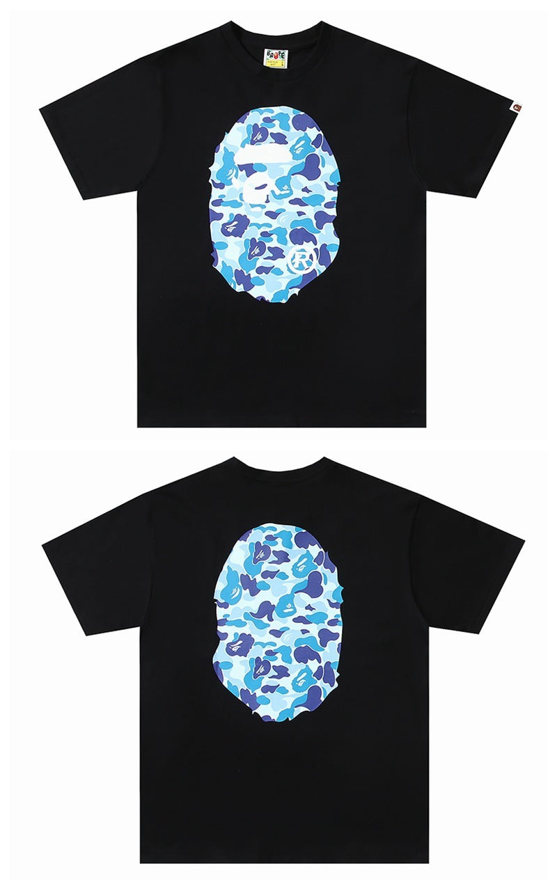Bape black T-shirt with blue camo face graphic on front