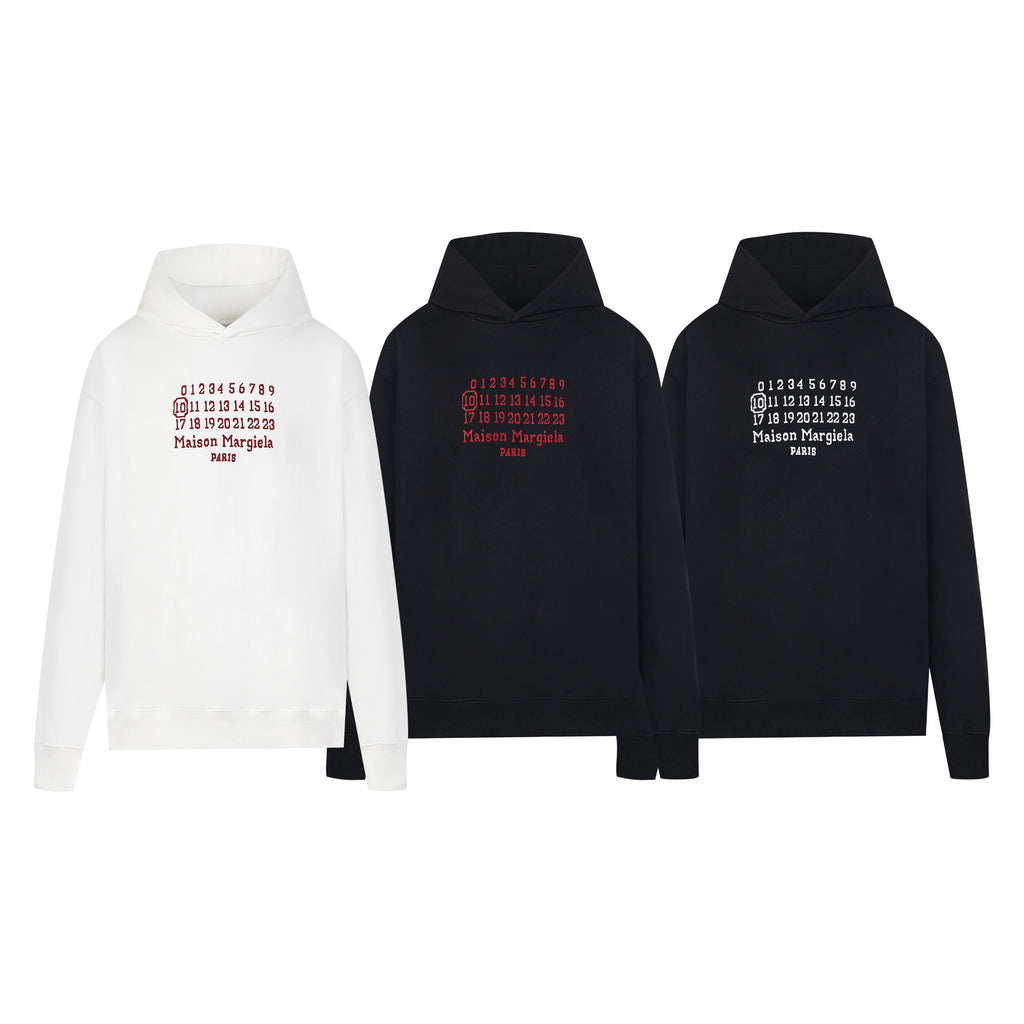 White Maison Margiela hoodie with red number grid and "Maison Margiela" text
