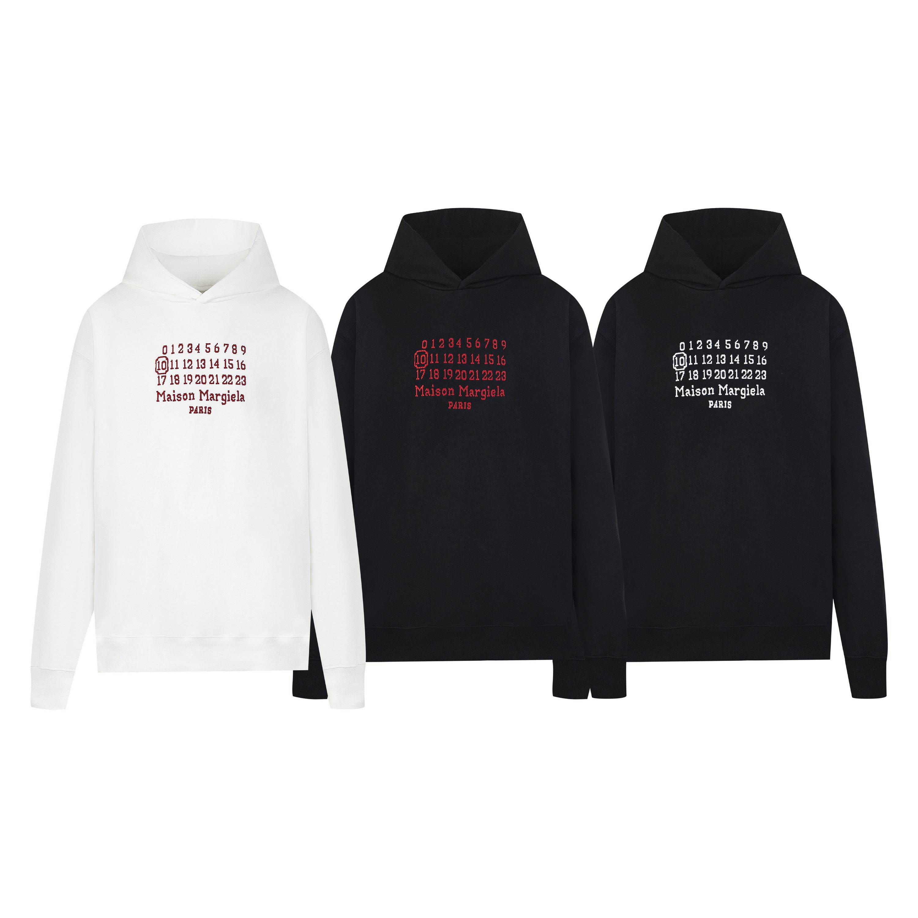 White Maison Margiela hoodie with red number grid and "Maison Margiela" text