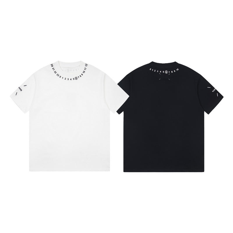 Set of two crewneck T-shirts: white and black, each with number graphic at collar.