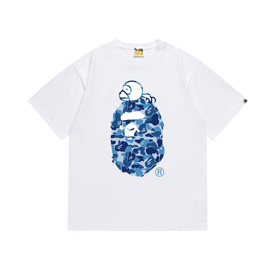 White graphic T-shirt with blue camouflage Bape logo on front