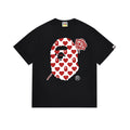 Black Bape T-shirt with heart-pattern bear face and red rose graphic
