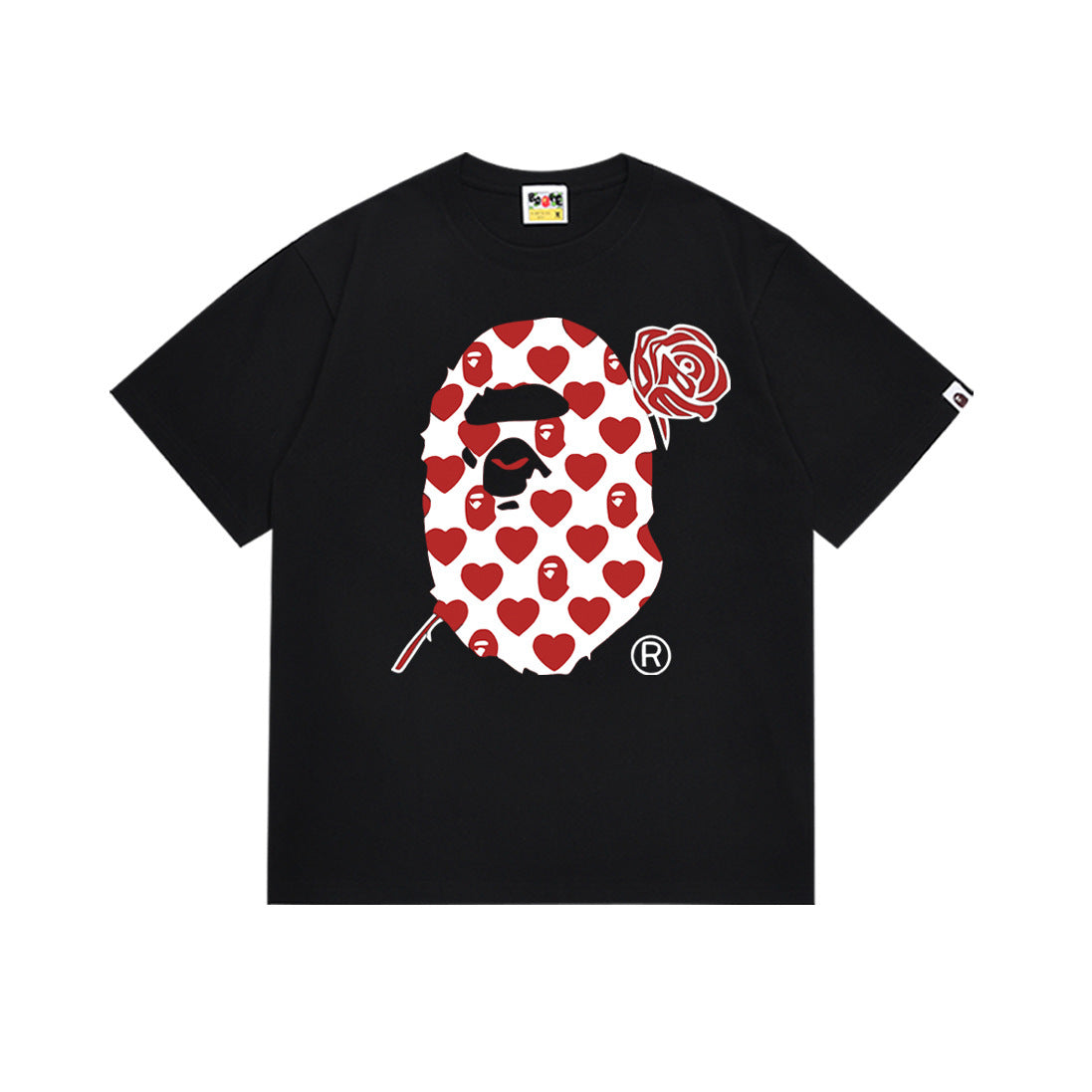 Black Bape T-shirt with heart-pattern bear face and red rose graphic