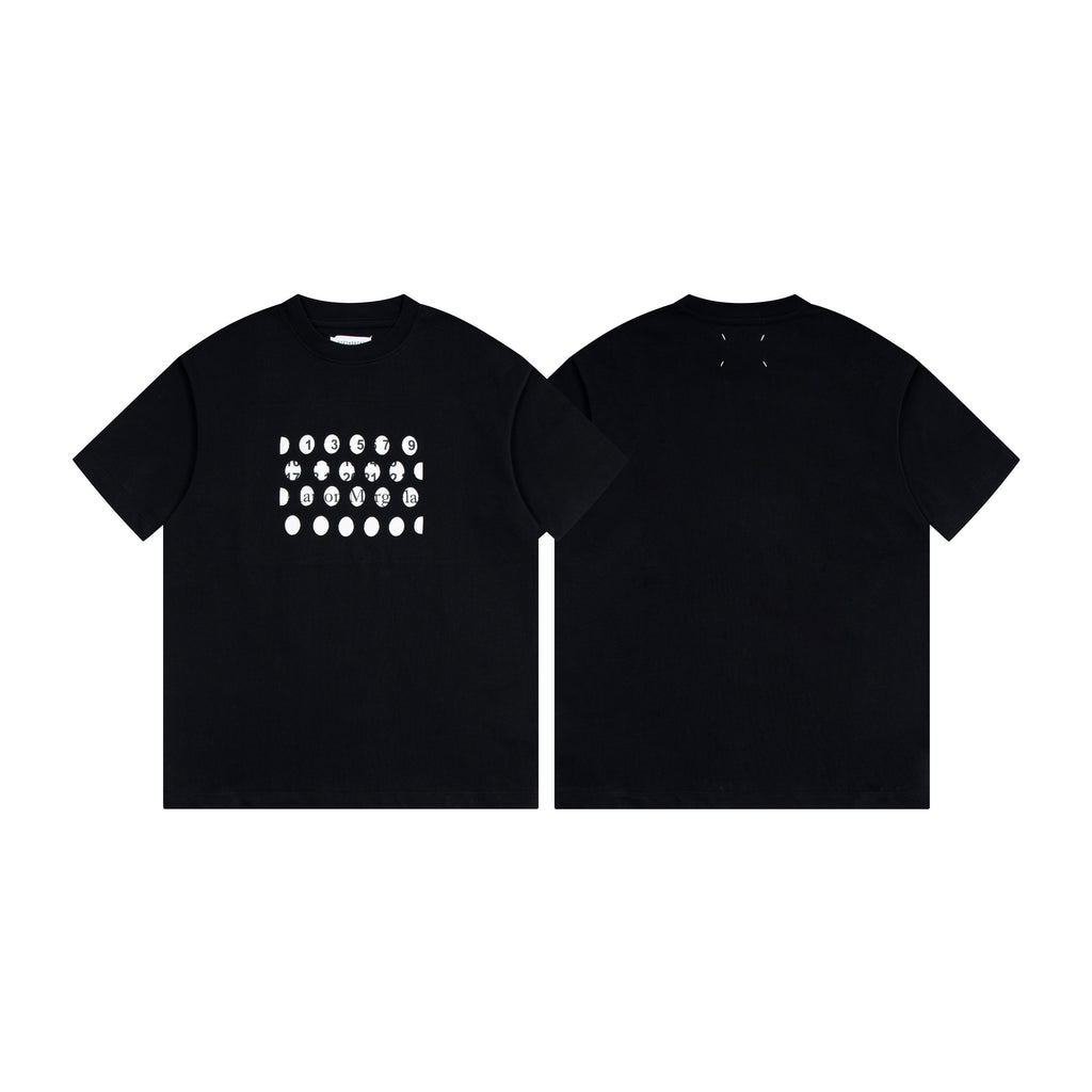 Black crewneck T-shirt with front white dot logo print, back view