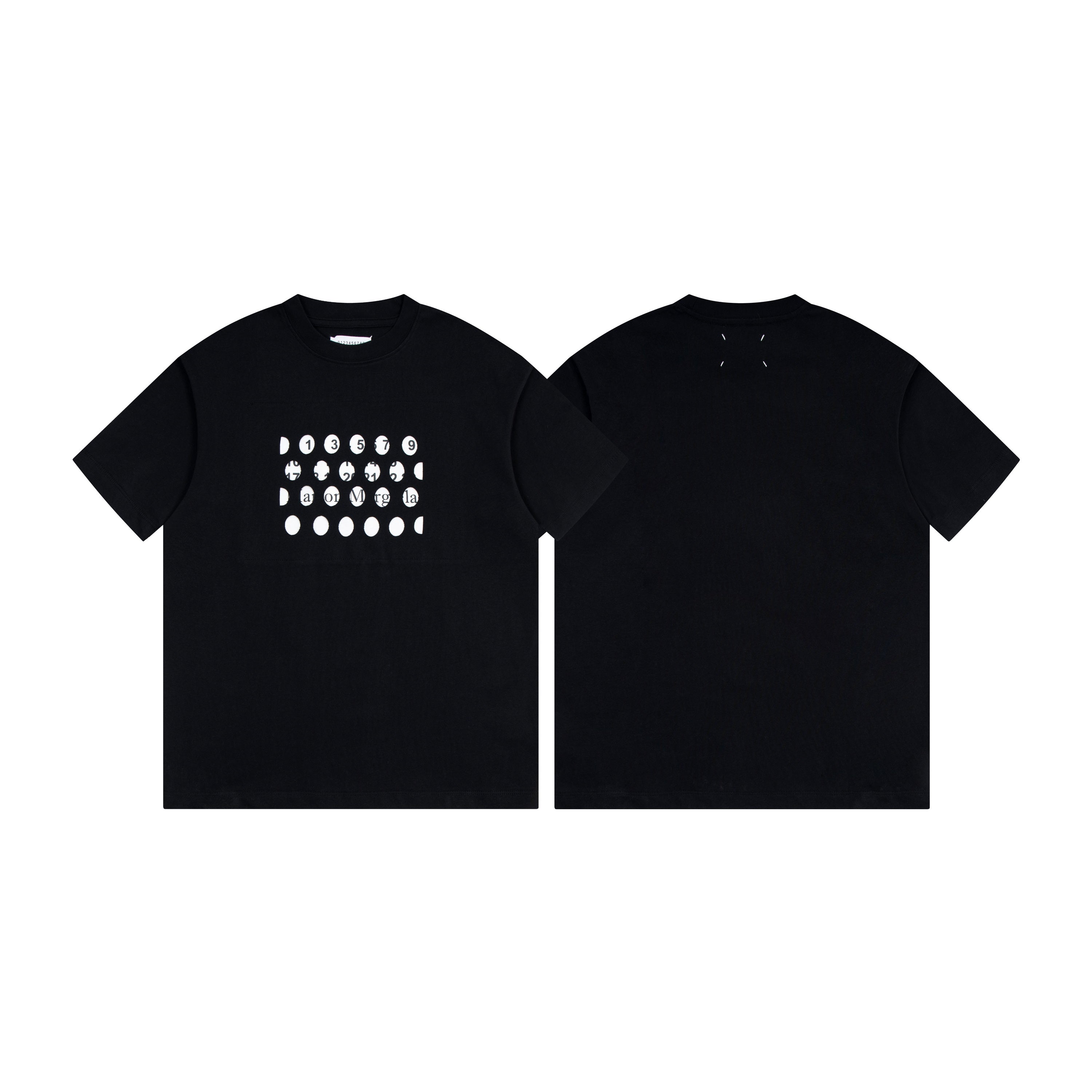 Black crewneck T-shirt with front white dot logo print, back view
