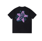 Black Stussy T-shirt with purple and blue swirl graphic and star accents