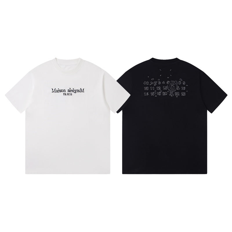 Pair of short-sleeve T-shirts: white and black with chest graphic