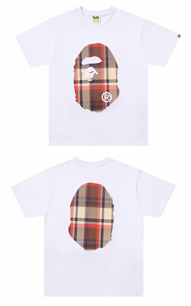 Bape white T-shirt with plaid character graphic on front and back