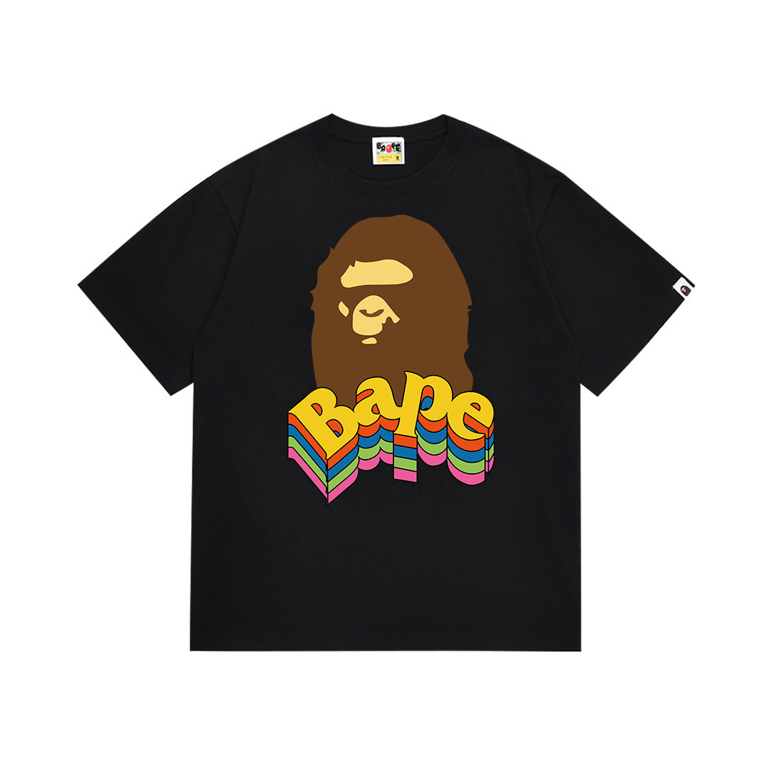 Black Bape T-shirt with multicolor logo graphic on front