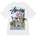 White Stussy graphic T-shirt with multicolor floral illustration and slogan text