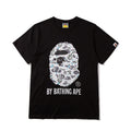 Bape black graphic T-shirt with camo ape face print and BY BATHING APE logo