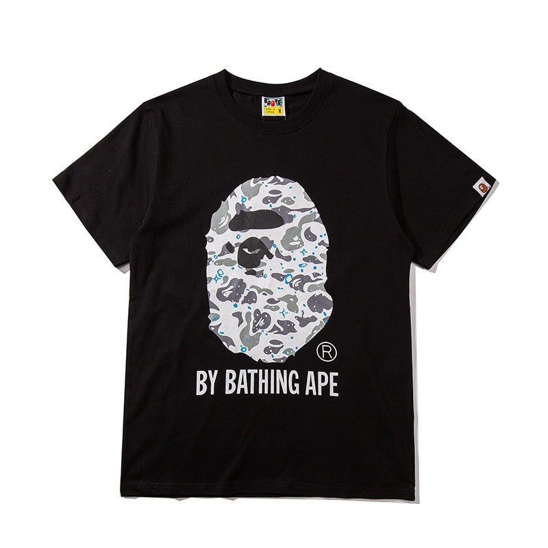 Bape black graphic T-shirt with camo ape face print and BY BATHING APE logo