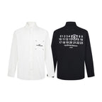 White and black Maison Margiela button-up shirts, front and back views