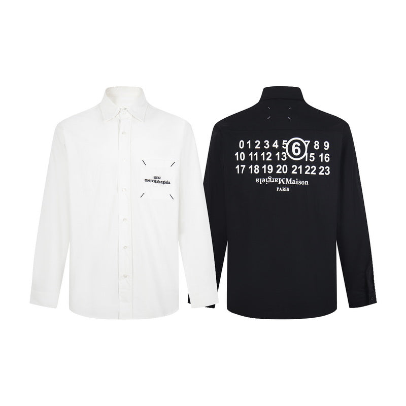 White and black Maison Margiela button-up shirts, front and back views