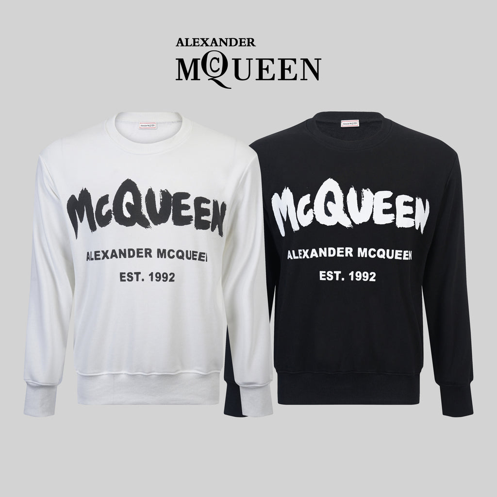 Crewneck sweatshirt, white with McQueen logo and EST. 1992 print
