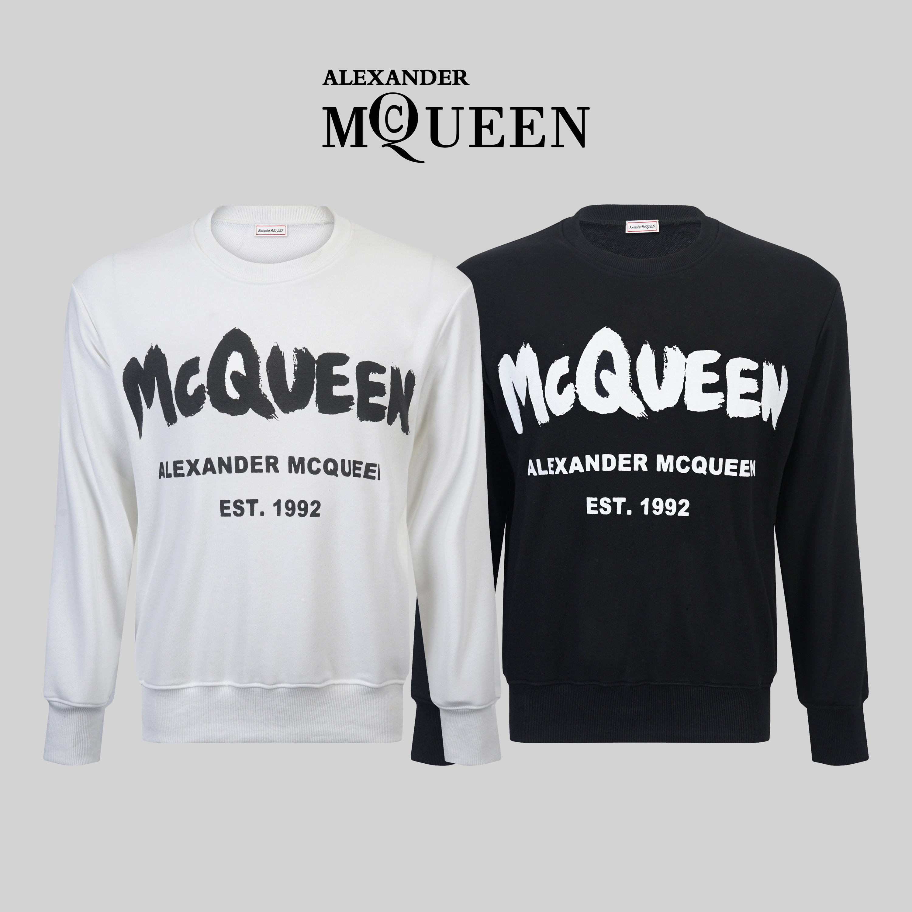 Crewneck sweatshirt, white with McQueen logo and EST. 1992 print