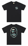 Black T-shirt with Bape logo graphic on front and large back graphic
