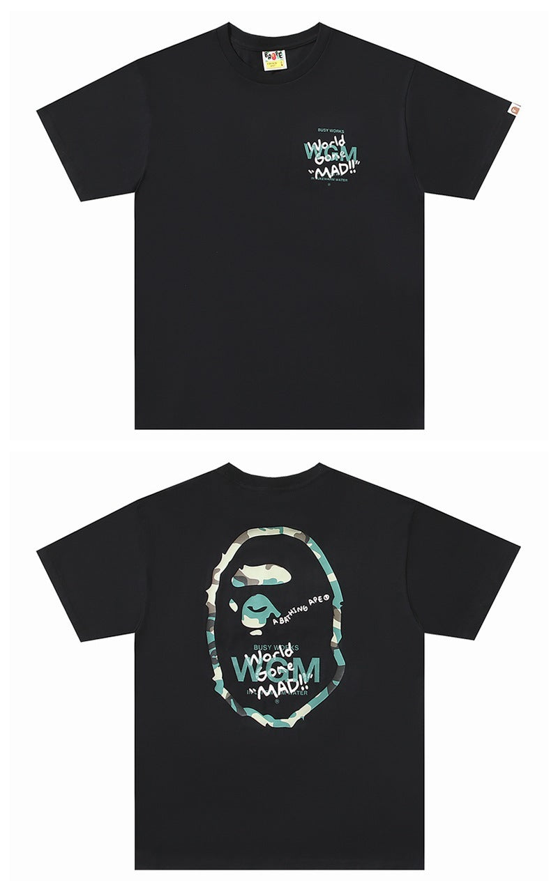 Black T-shirt with Bape logo graphic on front and large back graphic