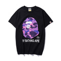 Black Bape T-shirt with purple camo ape graphic and BY BATHING APE print