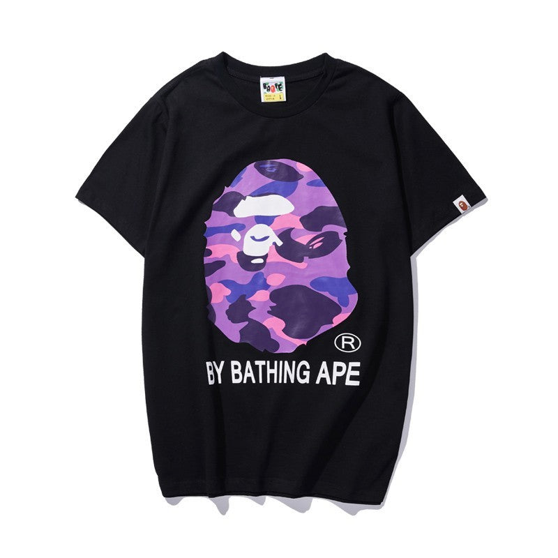 Black Bape T-shirt with purple camo ape graphic and BY BATHING APE print