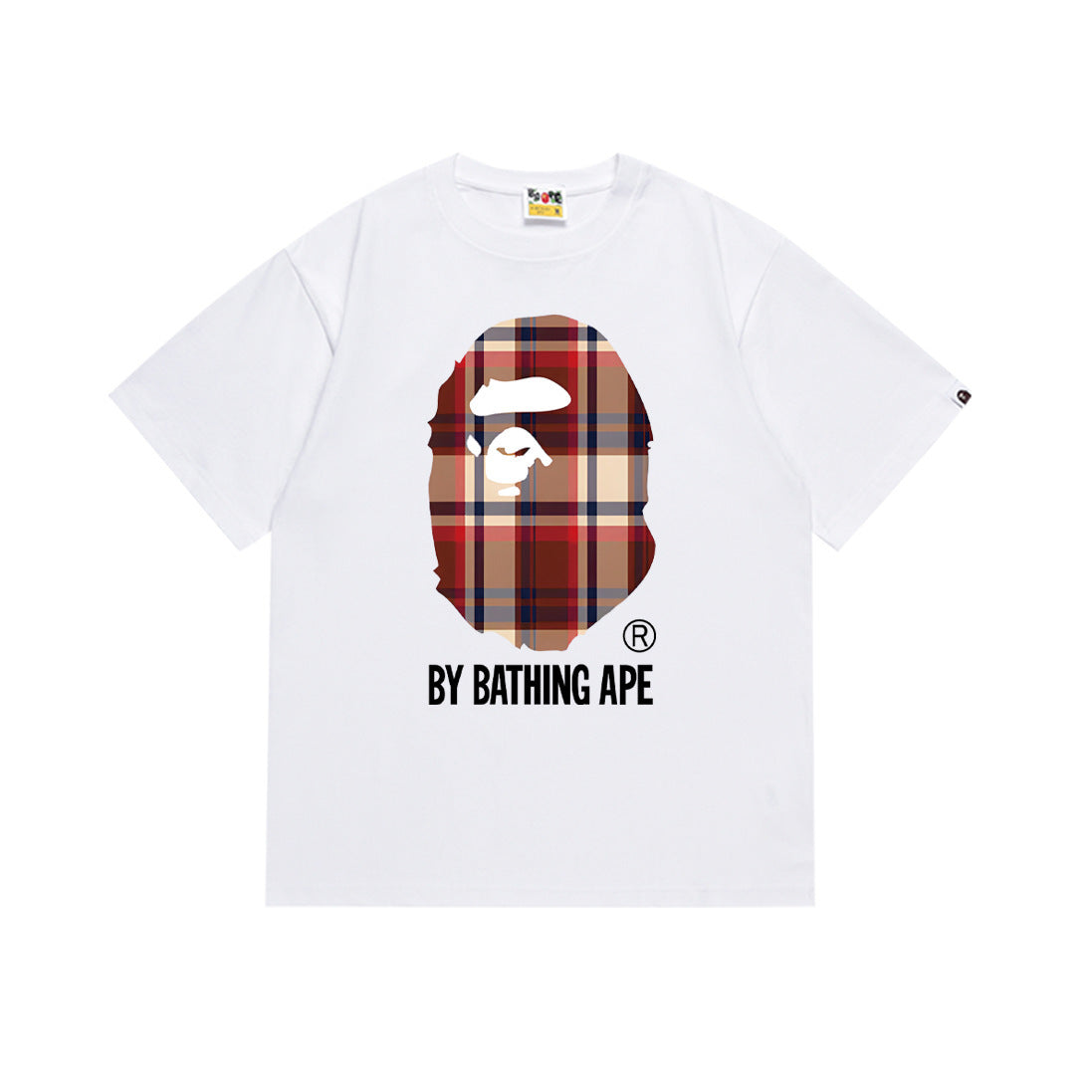 White graphic T-shirt with plaid ape face and "BY BATHING APE" logo