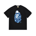 Black T-shirt with blue camo ape graphic and crew neckline