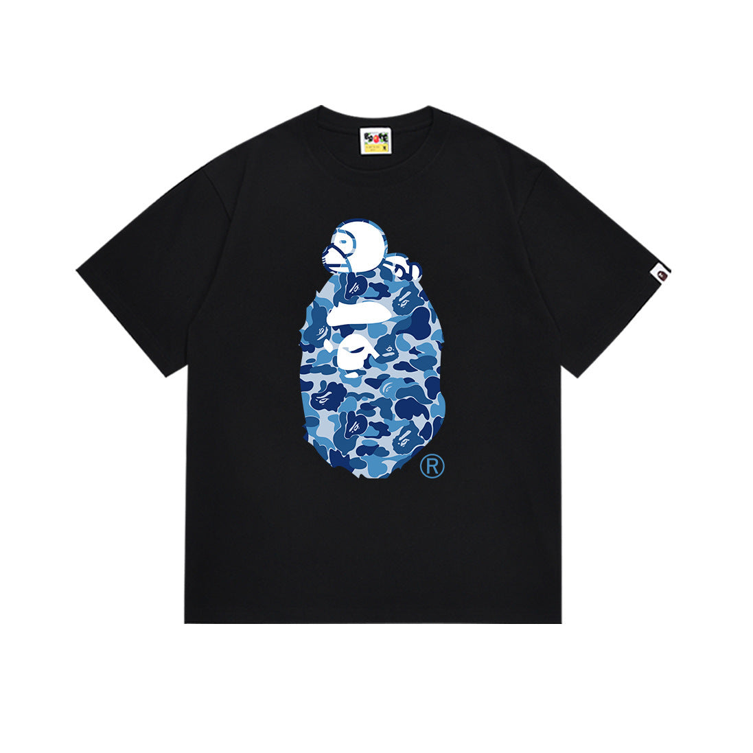 Black T-shirt with blue camo ape graphic and crew neckline