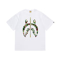 White crew-neck T-shirt with large green and brown camo graphic
