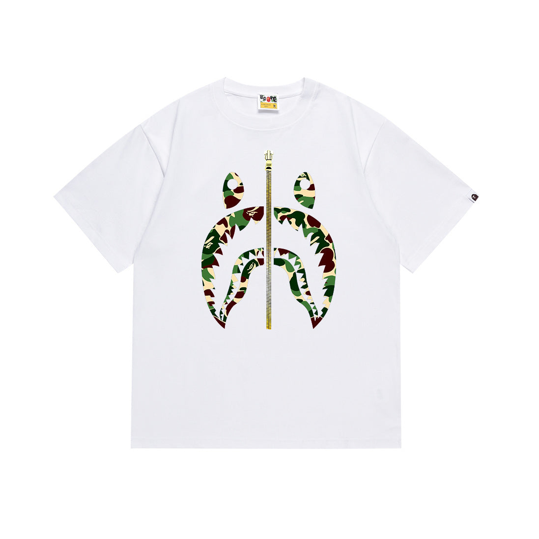 White crew-neck T-shirt with large green and brown camo graphic