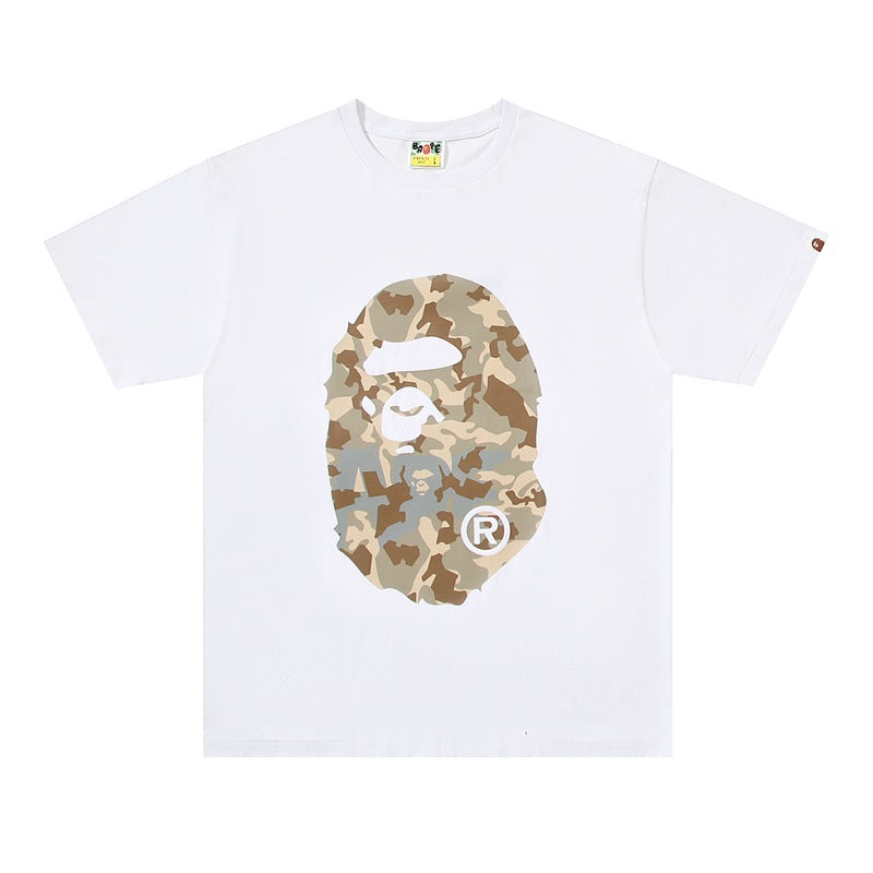 Bape white short-sleeve T-shirt with camo ape head graphic front