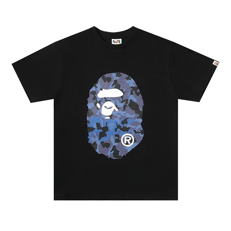 Bape black T-shirt with blue camo ape logo graphic