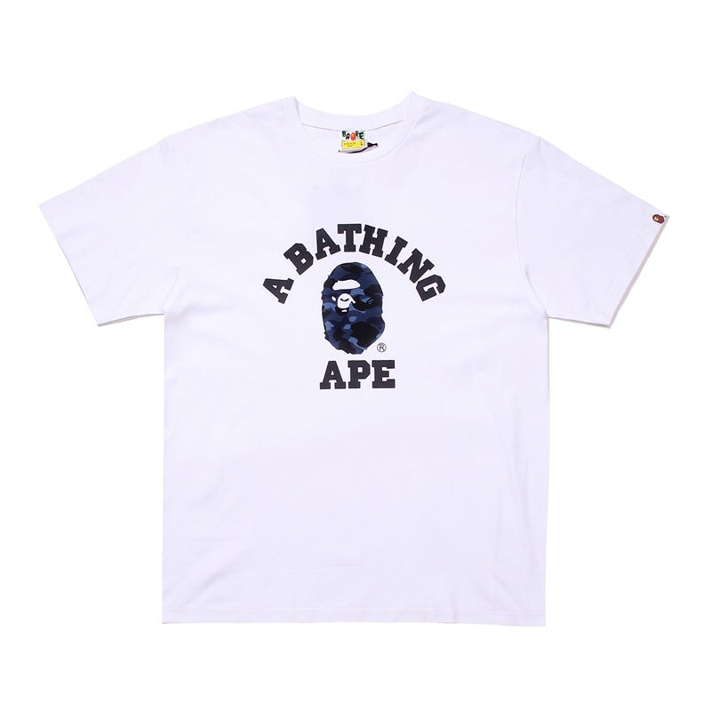 White Bape graphic T-shirt with large black and blue logo print