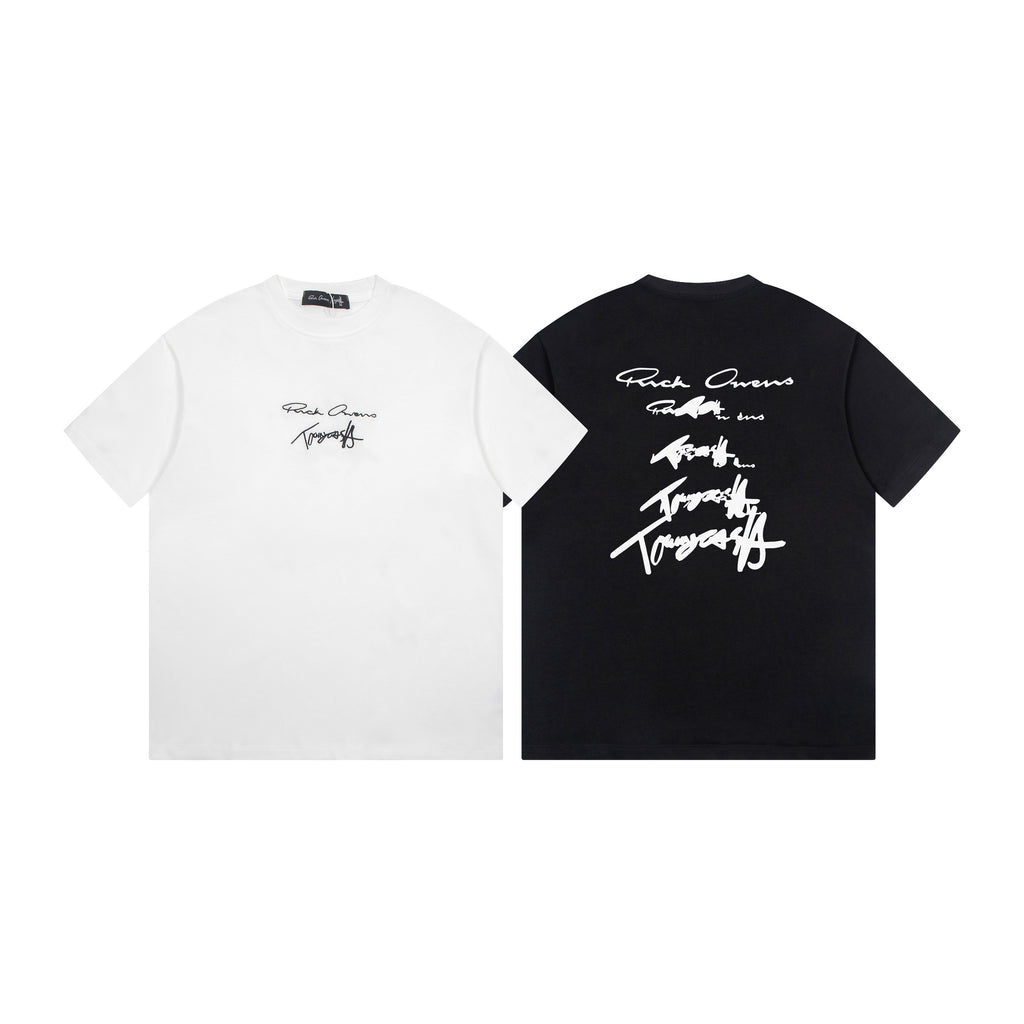 Two crewneck T-shirts, one white and one black, both with graphic print
