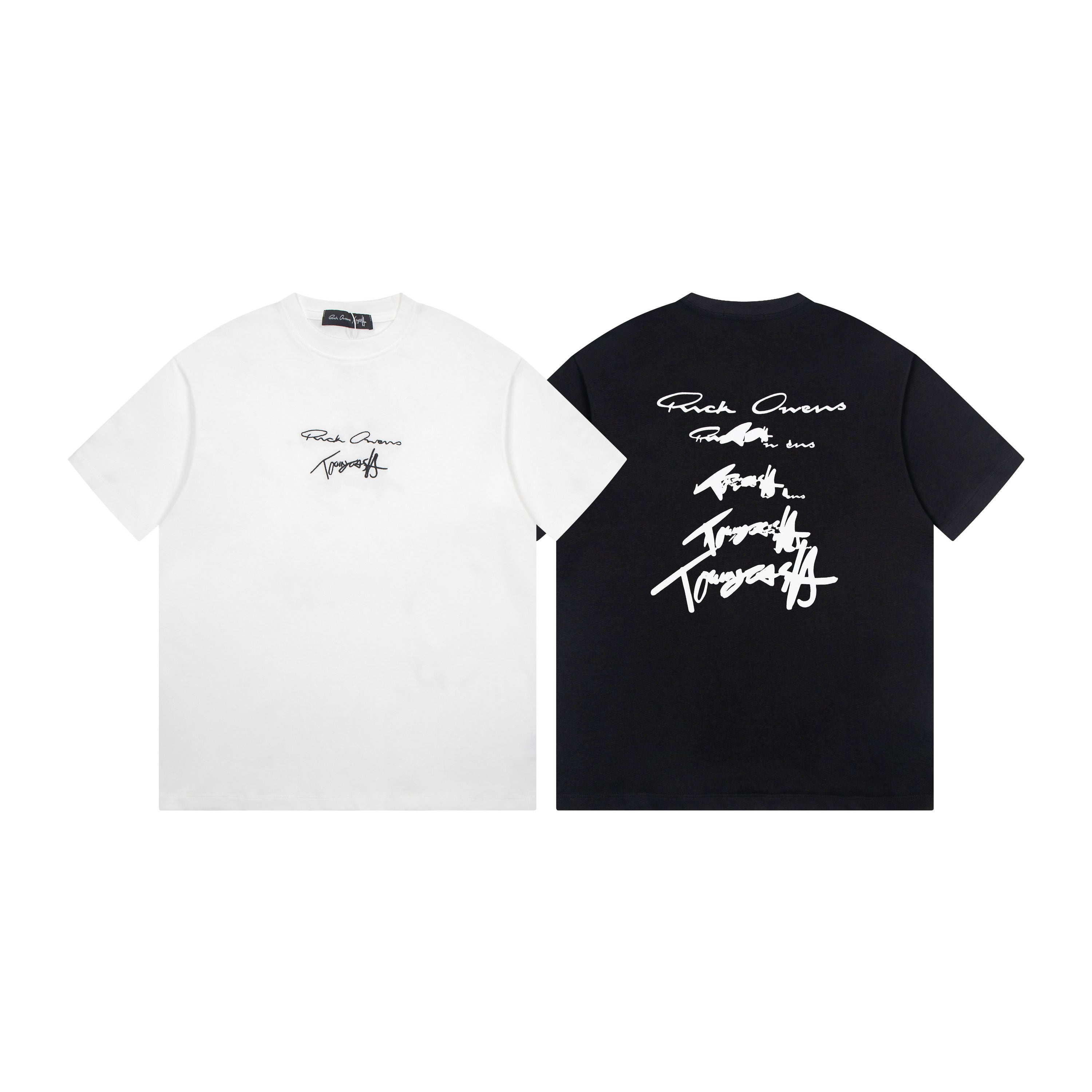 Two crewneck T-shirts, one white and one black, both with graphic print