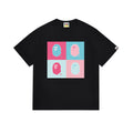 Black crewneck T-shirt with square graphic of four cartoon faces