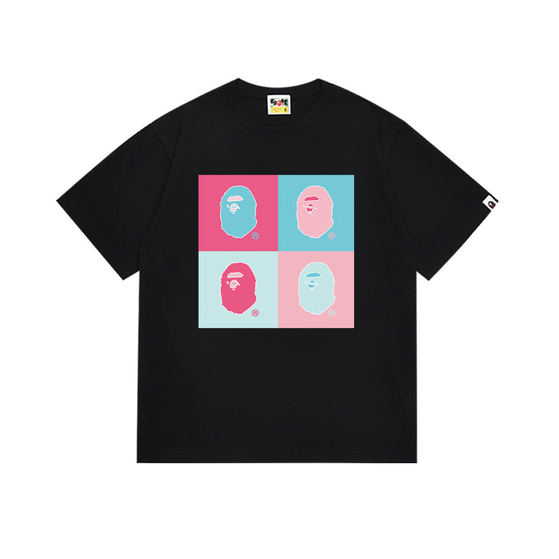 Black crewneck T-shirt with square graphic of four cartoon faces