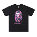 Bape black T-shirt with purple camo ape graphic and BY BATHING APE logo