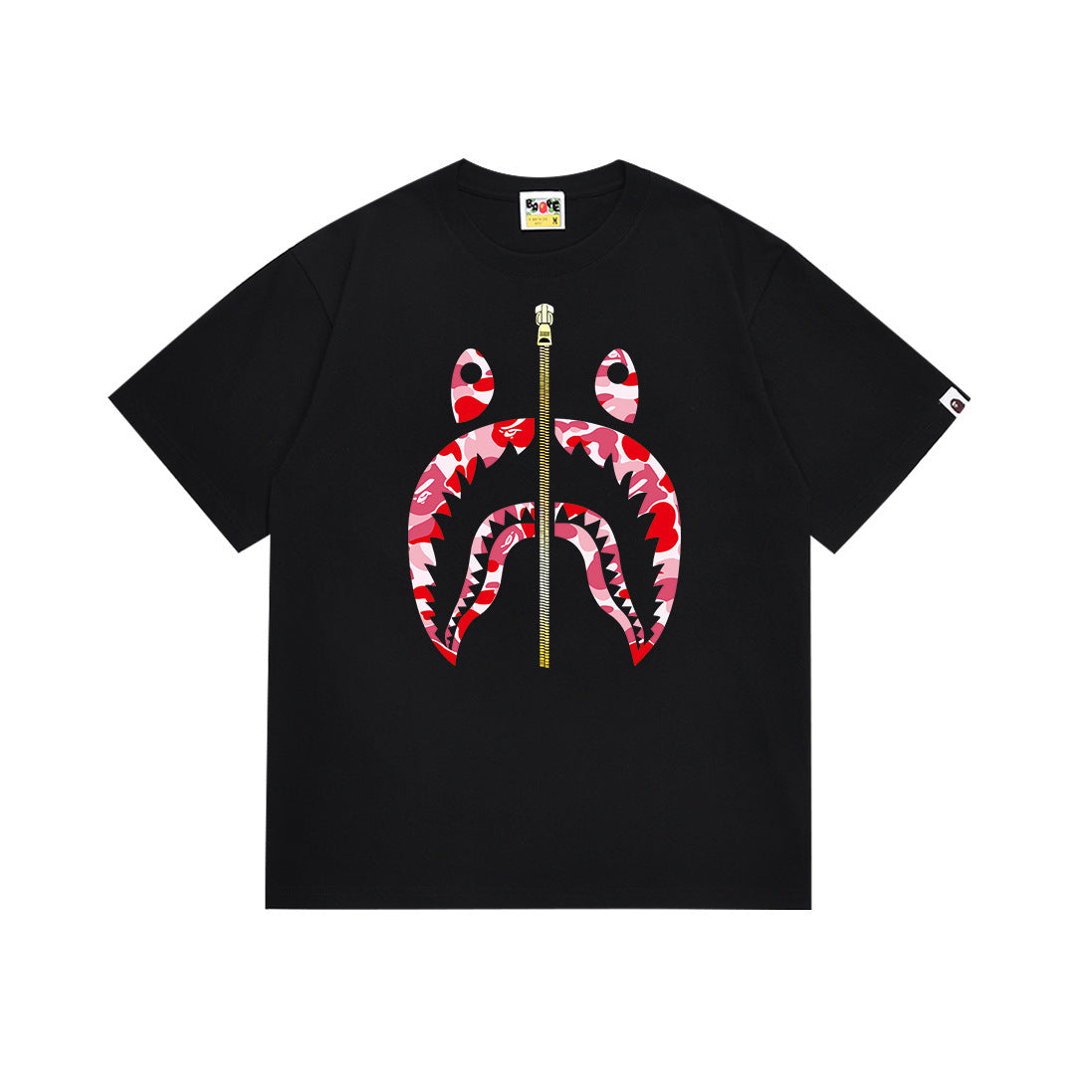 Black crewneck T-shirt with colorful graphic Bape-style face print