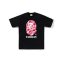 Black BAPE T-shirt with pink camo ape graphic and 'BY BATHING APE' print