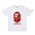 White Bape T-shirt with red camo ape graphic and BY BATHING APE print
